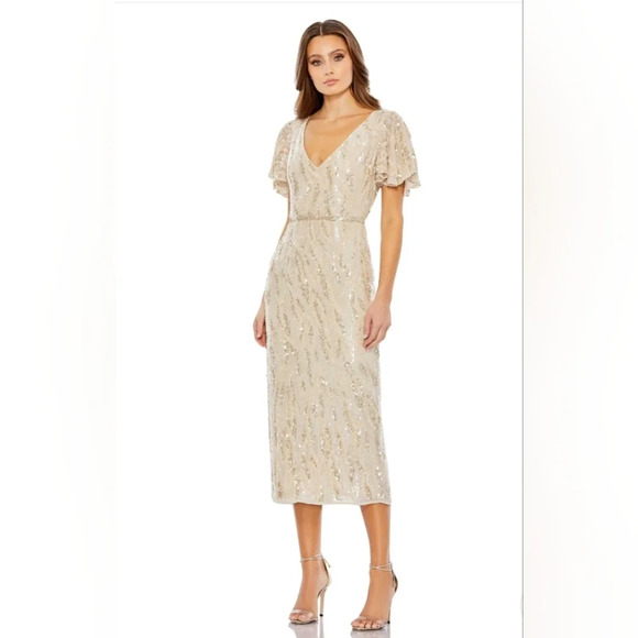 Mac Duggal, Sequined V-neck Flutter‎ Sleeve Tea Length Dress,Oyster,Size 12, NWT - Picture 1 of 12